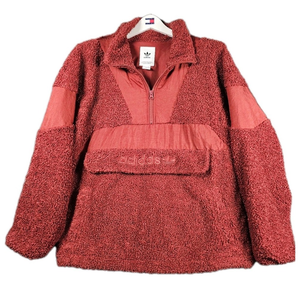 Adidas Sherpa Jacket Women XS Red 1/4 Zip Pullover Hoodie Thick Kangaroo Pockets